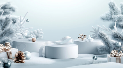 Christmas podium empty with a sophisticated ribbon weaving gracefully and gift boxes around them