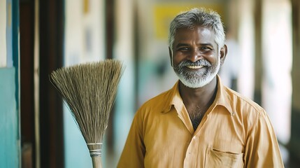 A smiling Indian school janitor holding a broom standing in the corridor of a school