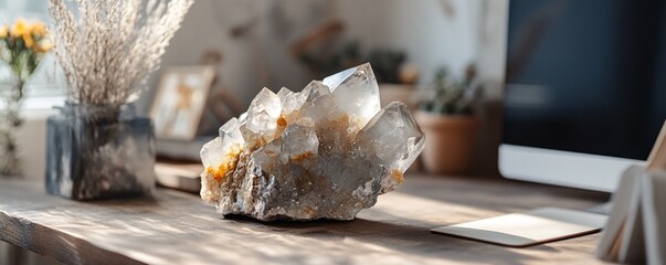 Large citrine crystal cluster displayed on wooden desk in cozy home office