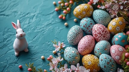 Obraz premium Minimalist Easter Day background . The scene features a soft pastel-colored with various Easter-related items such as decorated eggs, a small bunny figurine, and a few spring flowers
