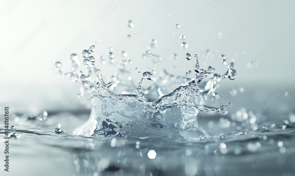 Poster a close-up of water splashing, capturing the dynamic movement and intricate details of droplets in a