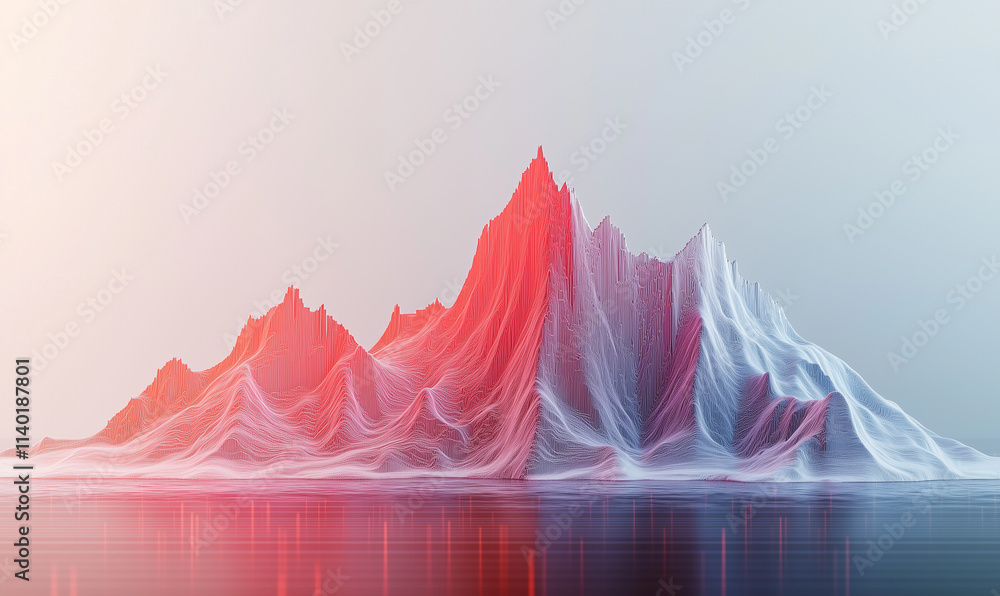 Poster a colorful, stylized mountain range rendered in 3d, showcasing intricate textures and gradients agai