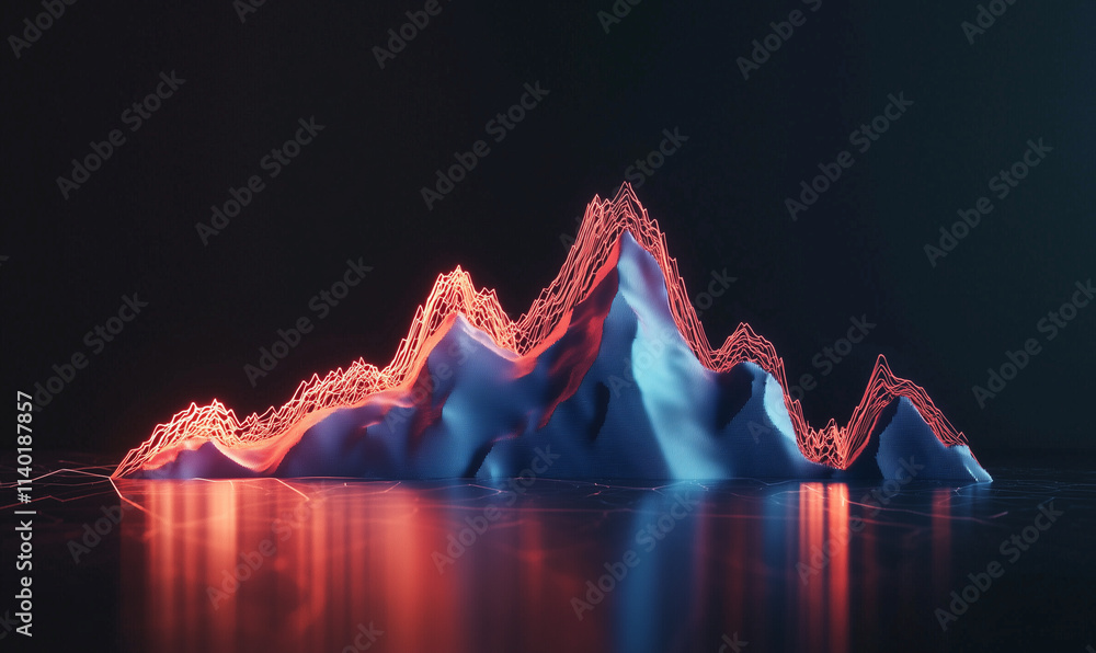 Poster a visually striking 3d mountain-like structure illuminated with vibrant colors, creating a captivati