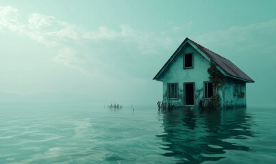 A solitary house partially submerged in floods  turquoise water, evoking themes of abandonment and environmental change.