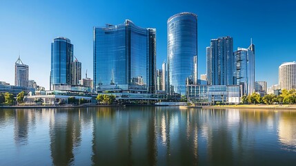 Modern urban cityscape including business office buildings and skyscrapers with reflective glass, exhibiting modern architecture and a corporate environment