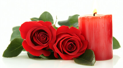 two red roses and a burning red candle on a white background.