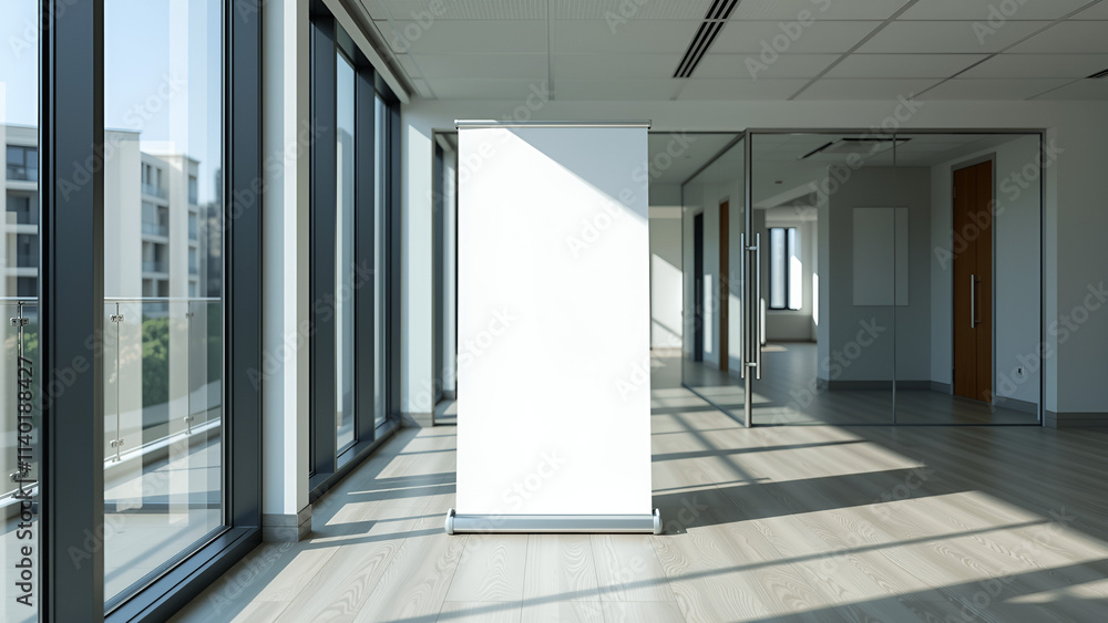Poster mockup of a blank display stand in a bright modern office with copy space for design