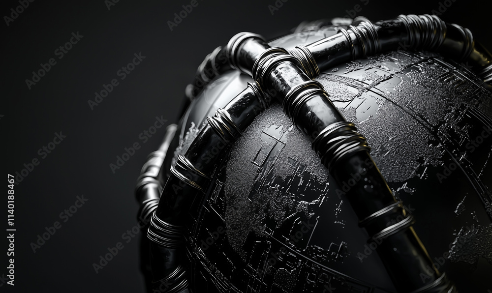 Poster a dark, textured globe with intricate bamboo-like patterns, creating a mysterious and artistic aesth
