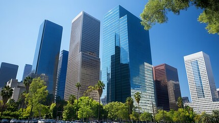 Fototapeta premium Modern urban cityscape including business office buildings and skyscrapers with reflective glass, exhibiting modern architecture and a corporate environment