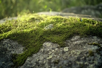 Lush green moss thriving on a sunlit rock surface.