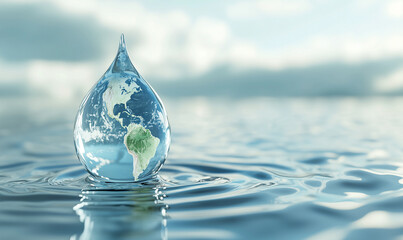 A water droplet encapsulating a globe, symbolizing the importance of rising sea levels, water conservation and the planet's health.