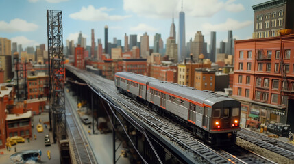 Fototapeta premium model train set up to look like it's traveling across a rooftop, with the city skyline in the distance, playing with scale and reality