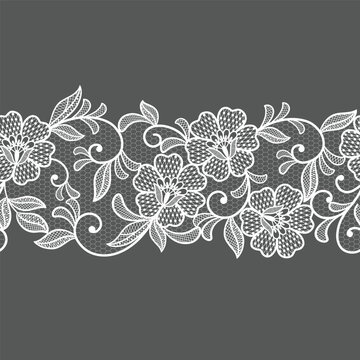 Seamless floral background with lace flowers.Vector hand made lace ribbon with flowers
