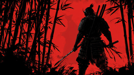 A powerful illustration of a ghostly samurai in striking red armor with a unique helmet and sword, standing proudly in a dense bamboo forest with dark silhouettes of towering trees.