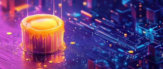 Cyber thieves caught in a sticky honey pot trap, surrounded by flowing digital honey, isometric perspective, whimsical and playful, vibrant and futuristic style