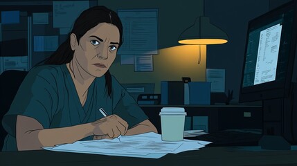 A woman with dark hair sits at her desk, looking intently at paperwork as she works late into the night.