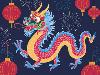 Obraz premium Colorful chinese dragon with lanterns and fireworks celebration