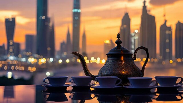A close-up of a traditional Arabic coffee pot and cups with city background