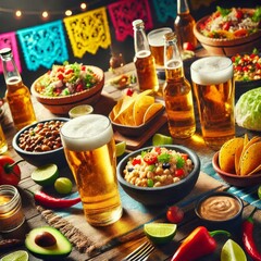 Party table with beer and Mexican food