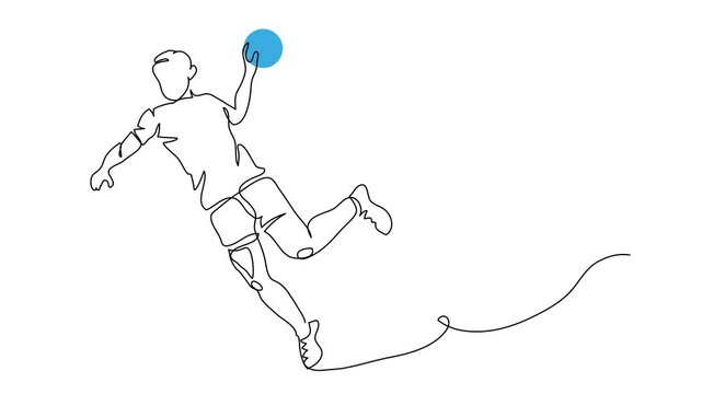 Handball player throws the ball, animated illustration. One continuous self drawing line animation, footage of handball player in jump