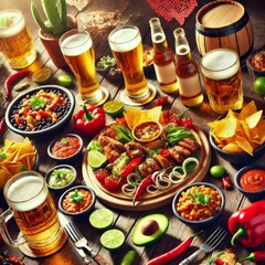 Party table with beer and Mexican food