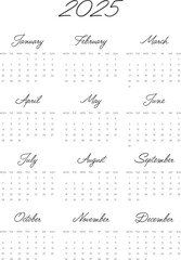 Kalendarz 2025, pionowy. Tydzień zaczynający się od Poniedziałku. 