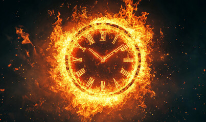 A fiery clock symbolizes urgency and the passage of time, surrounded by flames against a dark background.
