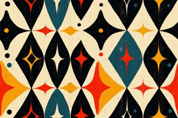 A colorful geometric pattern featuring diamonds and stars in red, blue, and orange against a cream background.