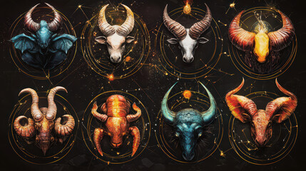 A collection of stylized animal skulls representing zodiac signs with cosmic elements.