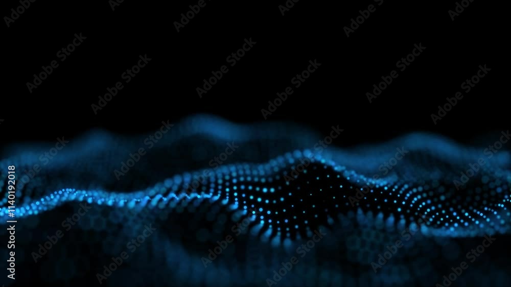 Poster blue glowing circles particles wave at the bottom on a black abstract background, bokeh effect, hori
