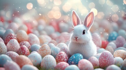 Minimalist Easter Day background . The scene features a soft pastel-colored with various Easter-related items such as decorated eggs, a small bunny figurine, and a few spring flowers