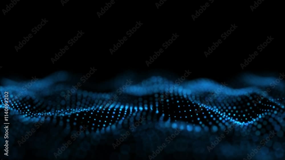 Poster blue glowing circles particles wave at the bottom on a black abstract background, bokeh effect, hori