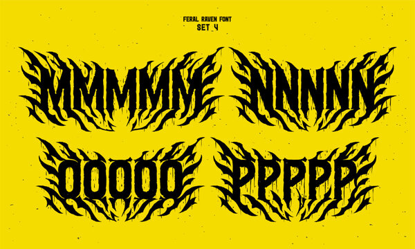 Vector alphabet with sharp and noisy shape in style of hard rock music fan art. Set of five variations for each letter.