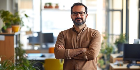 Portrait of a male marketing strategist standing confidently in a bright, creative office, preparing a campaign, smiling, portrait shot, standing,