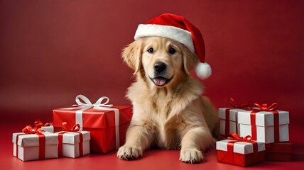 Lovely adorable cute golden retriever puppy dog wearing santa red hat with pile of gift boxes on red background - for Christmas holiday celebration festive year-end joyful party
