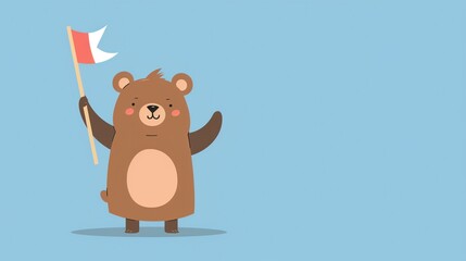 Fototapeta premium A cartoon bear is holding a flag.