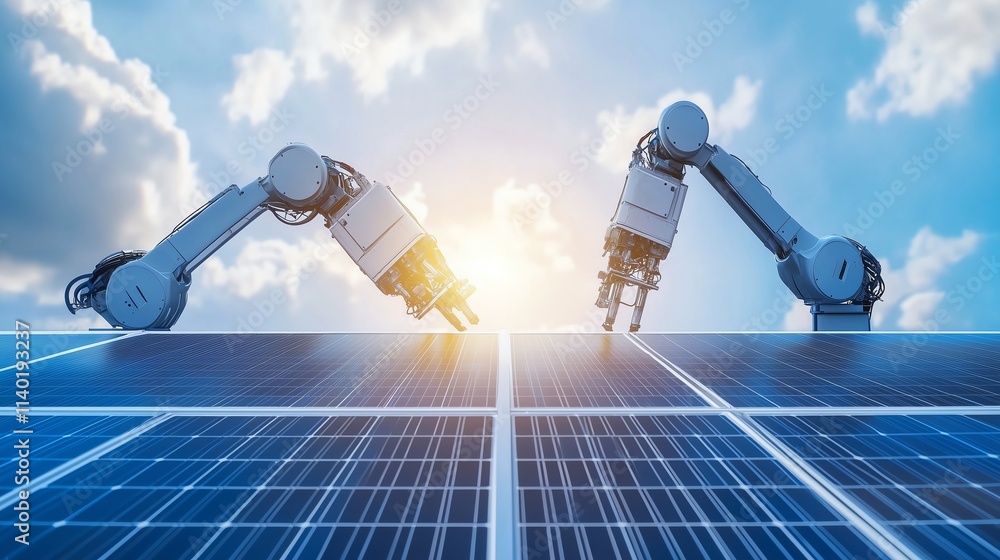 Poster a solar panel factory with robotic arms assembling panels with precision, symbolizing innovation and