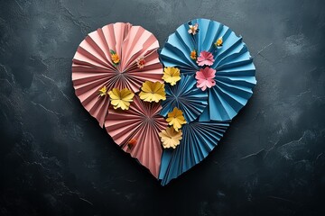 Heart-shaped paper fan art with flowers on a dark background