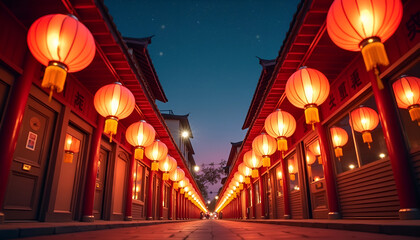 Illuminated pathway lined with red Chinese lanterns at night under a starry sky,  red and gold lanterns