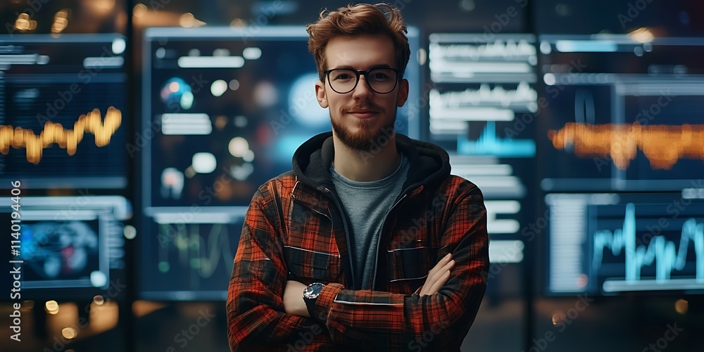 Poster portrait of a programmer standing confidently in a tech workspace