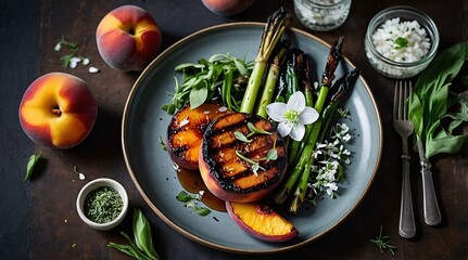 Experience a vibrant vegetarian BBQ plate featuring charred leeks and grilled peaches, perfect for a summer gathering with friends and family