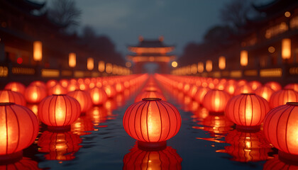 Illuminated red Chinese lanterns floating on water at dusk, red and gold lanterns
