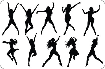 Silhouettes of Women Dancing in Motion, Graceful Dancing Girls Silhouettes on white Background,