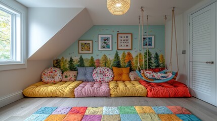 Whimsical Children's Playroom: A Fairytale Forest Adventure with Colorful Modular Furniture and Ceiling-Mounted Swings