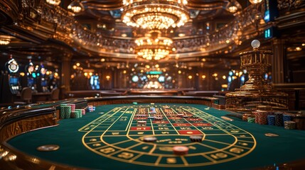 Obraz premium Luxurious casino interior with a roulette table in focus, showcasing opulent decor and a grand ambiance.