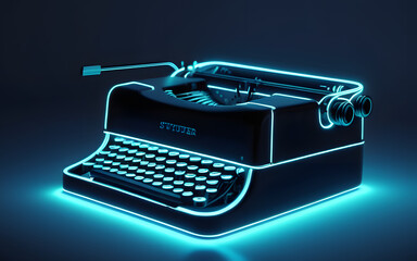 A stylized typewriter, glowing with neon keys, suspended in a futuristic, weightless environment