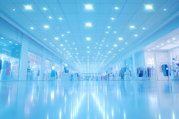 Modern shopping mall interior, bright lighting, clean aesthetic, retail space, stylish architecture, perspective view, empty corridor.