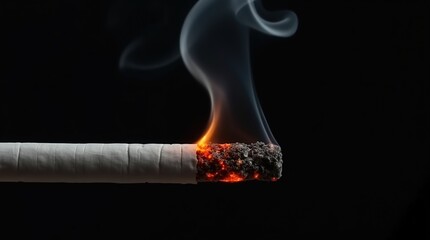 Burning Cigarette with Smoke Emitting Against a Dark Black Background