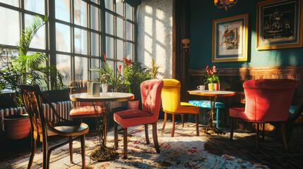 A cozy caf? interior with colorful chairs, plants, and warm lighting.