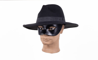 mannequin head in hat and black mask isolated on white background
